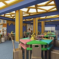 School Classroom Featuring Colorful Tables Chairs Bookshelves Alphabet Decorations And Yellow Frame Ceiling