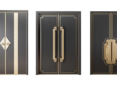Elegant Black Double Doors With Gold Accents And Decorative Handles 3d model
