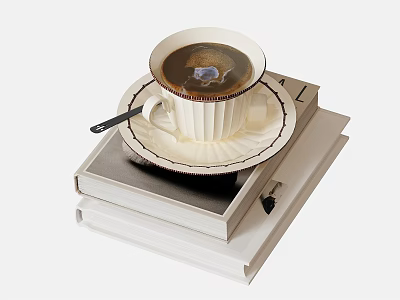 Ceramic Coffee Cup And Saucer With Spoon On Stacked Books For Morning Coffee 3d model