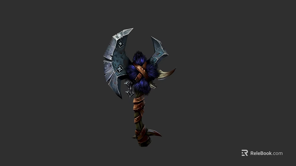 Mythical Double Bladed Axe With Blue Feather Accents And Wooden Handle 3d model 