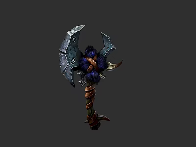 Mythical Double Bladed Axe With Blue Feather Accents And Wooden Handle 3d model