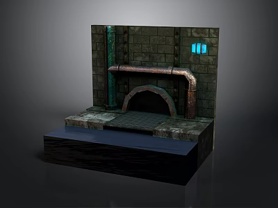 Vintage Industrial Scene Structure With Stone Wall Copper Pipes Archway And Blue Window 3d model