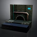 Vintage Industrial Scene Structure With Stone Wall Copper Pipes Archway And Blue Window