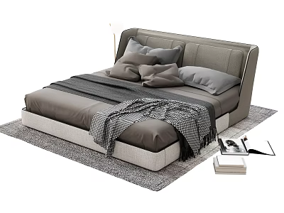 Modern Upholstered Double Bed With Gray Pillows Throw Blanket And Area Rug 3d model