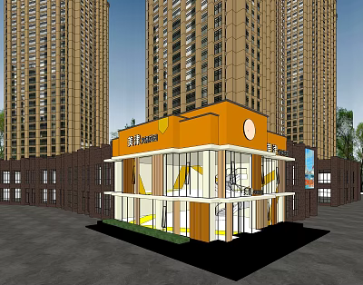 Orange Commercial Building With Modern Glass Facade Among Tall Residential Towers 3d model
