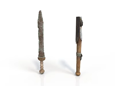 Ancient Weapon Featuring Rusty Sword And Wooden Handle Axe Design 3d model