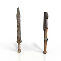 Ancient Weapon Featuring Rusty Sword And Wooden Handle Axe Design 3d model