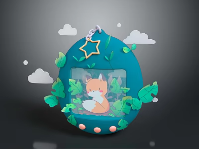 Commercial Equipment with Blue Egg Shape Fox Design Green Leaves Clouds and Star Decorations 3d model