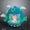 Commercial Equipment with Blue Egg Shape Fox Design Green Leaves Clouds and Star Decorations