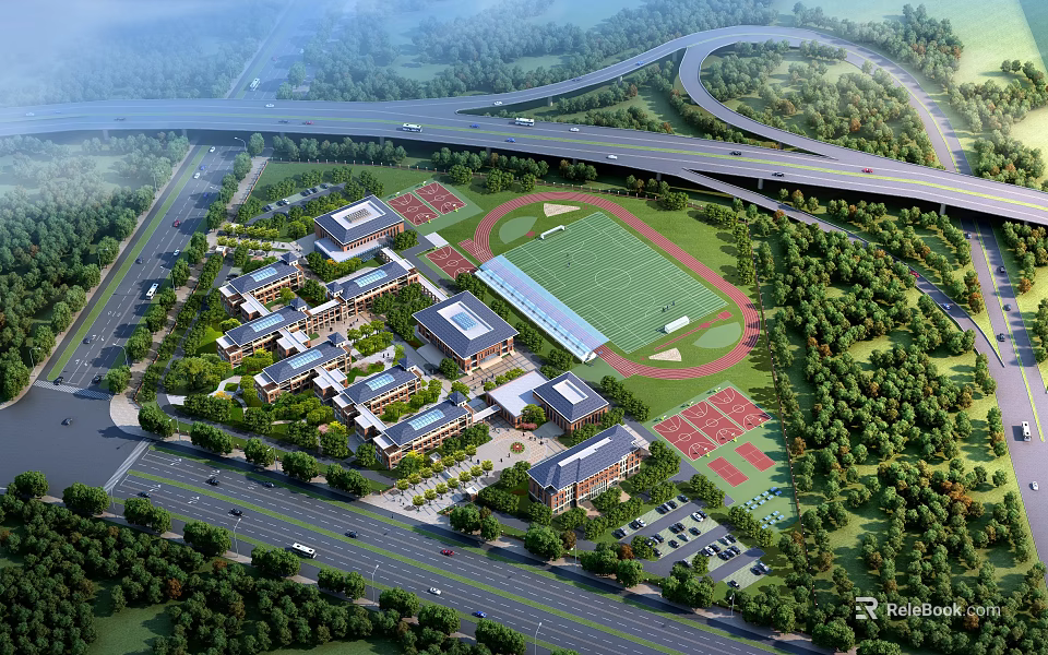 School Campus Buildings With Football Field Basketball Courts Lush Greenery And Surrounding Roads 3d model 