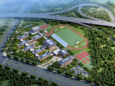 School Campus Buildings With Football Field Basketball Courts Lush Greenery And Surrounding Roads 3d model