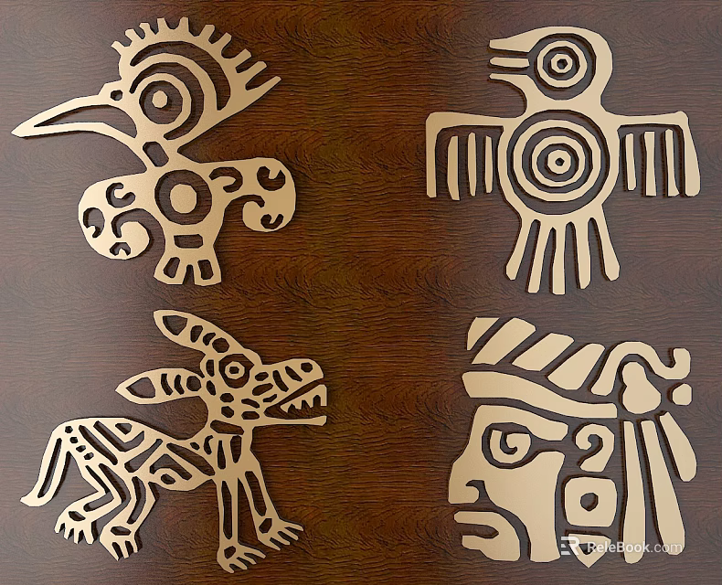 Traditional Carved Patterns Featuring Animal And Human Figures On Wooden Surface 3d model 