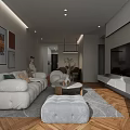 Modern Living and Dining Room Interior With White Sofa Round Coffee Table And TV Wall