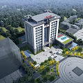 Aerial Planning of Modern Hospital Building With Greenery Plaza and Road Layout