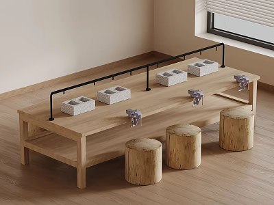 Natural Style Wooden Display Table With Square Containers And Log Stools 3d model