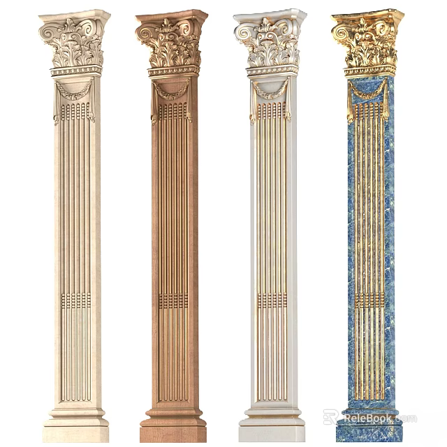 Ornate Classical Columns With Carved Tops Fluted Shafts Various Colors And Decorative Gold Accents 3d model 