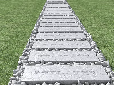 Slate Stone Pathway With Pebbles Between Stones Flanked By Green Grass 3d model