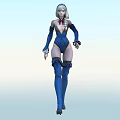 Futuristic Woman In Blue Tight Bodysuit With Silver White Hair And Knee High Boots