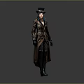 Steampunk Style Character Outfit With Brown Long Coat Top Hat Green Scarf And Leather Gloves