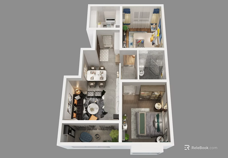 Birds Eye View of Modern House Layout with Living Room Kitchen Bedroom and Bathroom 3d model 