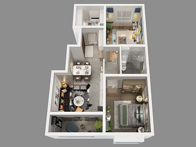 Birds Eye View of Modern House Layout with Living Room Kitchen Bedroom and Bathroom 3d model