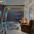 Modern Home Theater Room With Sofas Neon Lights And Wine Shelves