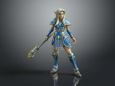 Fantasy Elven Female Game Character In Blue And Gold Armor With Spear 3d model