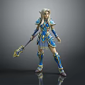 Fantasy Elven Female Game Character In Blue And Gold Armor With Spear