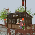 Traditional Chinese Style Food Stall With Wooden Structure Red Lanterns And Outdoor Seating