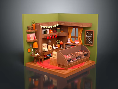 Miniature Happy Cafe Scene With Daily Necessities Shelves Display Cabinet And Plants 3d model