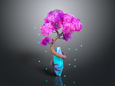 Cartoon Scene Featuring Purple Pink Tree With Blue Crystal Wrapped Trunk And Glowing Blue Dots 3d model