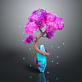 Cartoon Scene Featuring Purple Pink Tree With Blue Crystal Wrapped Trunk And Glowing Blue Dots