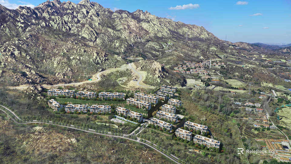 Aerial Planning of Residential Complex With Mountainous Surroundings Multi Story Buildings Roads and Green Spaces 3d model 