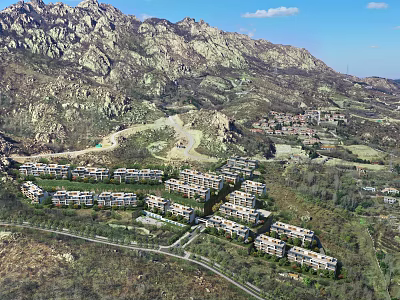Aerial Planning of Residential Complex With Mountainous Surroundings Multi Story Buildings Roads and Green Spaces 3d model
