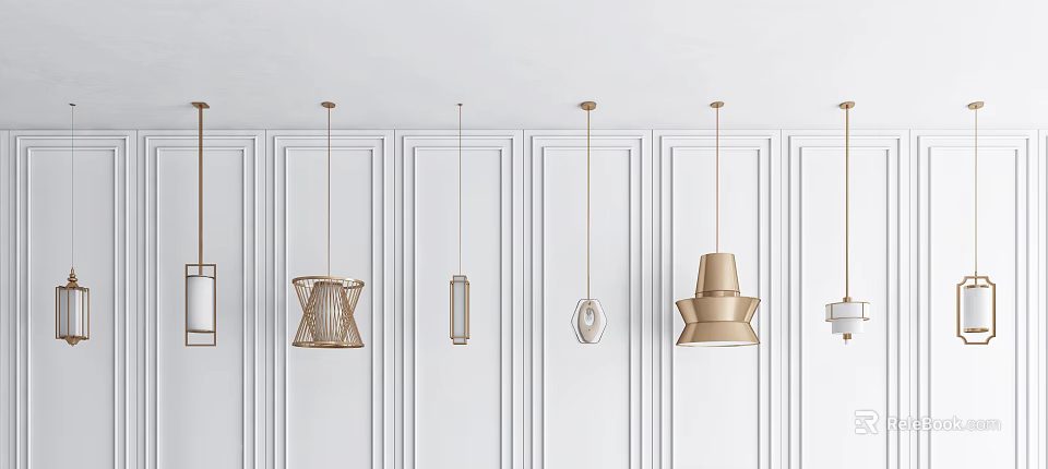 Modern Interior With Various Designed Pendant Lights Hanging On White Wall 3d model