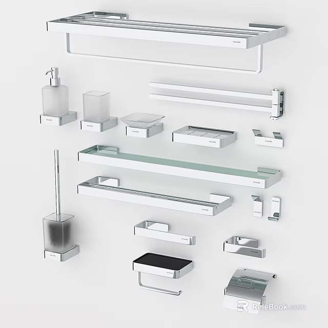 Sleek Modern Bathroom Accessories Set Featuring Towel Rack Glass Shelf Soap Dish And Toothbrush Holder 3d model 
