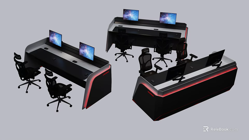 Modern Office Desk Setup With Dual Monitors Ergonomic Chairs And LED Strip Lights 3d model 