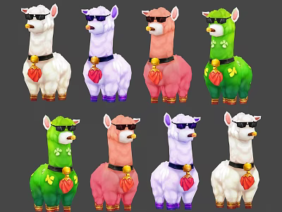 Colorful Game Movie Llama Characters With Sunglasses And Red Neck Decorations 3d model
