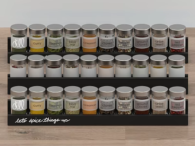 Organized Spice Bottles On Black Rack With Labels For Kitchen Countertop 3d model