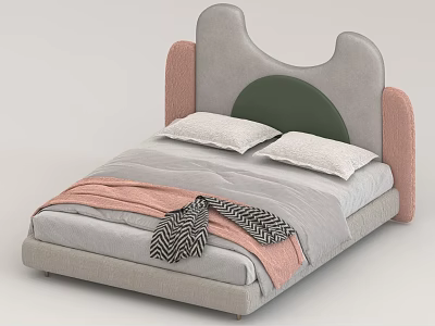 Kids Bed With Grey Headboard Pink Sides Green Circular Decor And White Pillows 3d model