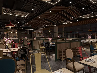 Modern Restaurant Interior With Colorful Chairs Wooden Ceiling Large Windows And Pink Flowers 3d model