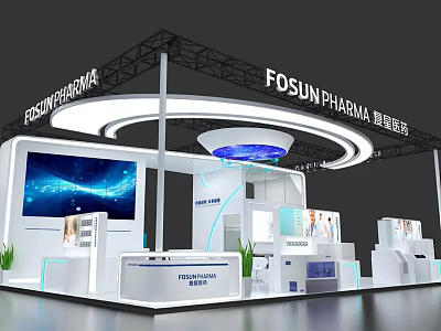 FDSUN PHARMA Exhibition Booth With LED Screen Product Displays And Circular Overhead Lighting 3d model