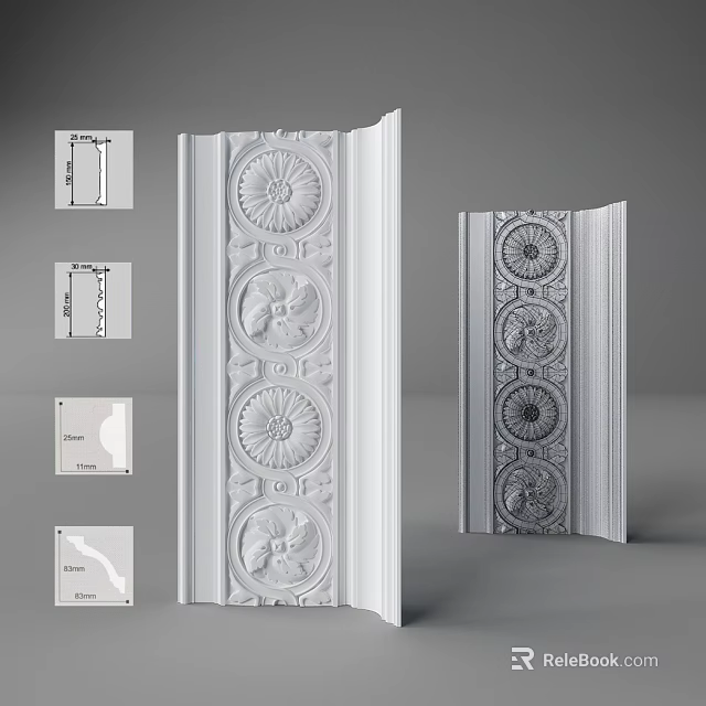 Decorative Cornice Mouldings With Ornate Circular Patterns And Size Specifications For Interior Design 3d model 