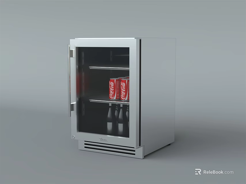 Stainless Steel Compact Refrigerator with Glass Door Holding Coca-Cola Cans and Bottles 3d model 