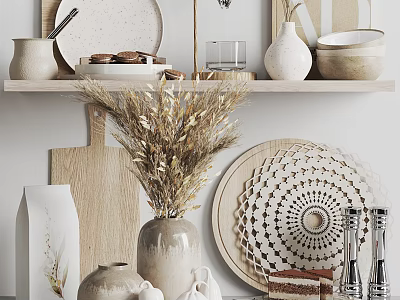 Minimalist Decorative Ornament Combination With Dried Pampas Grass Woven Plate Ceramic Vases And Wooden Board 3d model