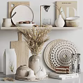 Minimalist Decorative Ornament Combination With Dried Pampas Grass Woven Plate Ceramic Vases And Wooden Board