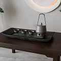 Minimalist Tea Set With Teapot Cups Tray On Wooden Table With Round Decor And Plants