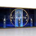 Elegant Luxury Liquor Display Window With Blue Lighting Golden Frame And Wine Bottles