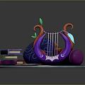 Colorful Decorative Ornament Set With Purple Harp Stack Of Books Papers And Blue Base
