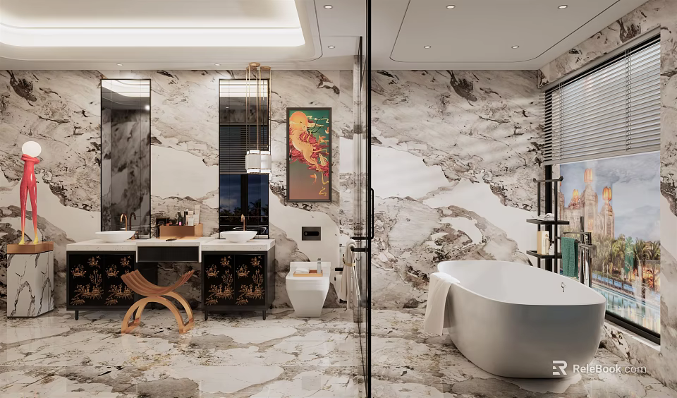 Luxurious Marble Bathroom Interior With Double Sinks Free-standing Bathtub And Shower Area 3d model 